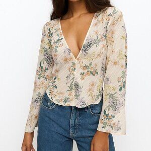 Zara Sheer Long Sleeve Vintage Style Retro Floral Top Size M NWOT